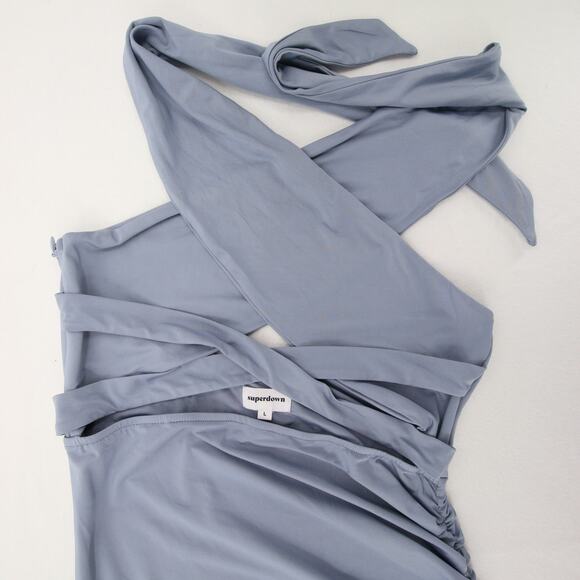 Superdown Suzette Dress Blue Gray Mini Ruched Cutout Tie Stretch Knit Halter L - Picture 4 of 13